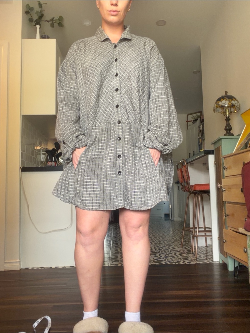 Flax Windowpane Linen Shirt Dress in Gray, black and Cream plaid - Picture 15 of 17